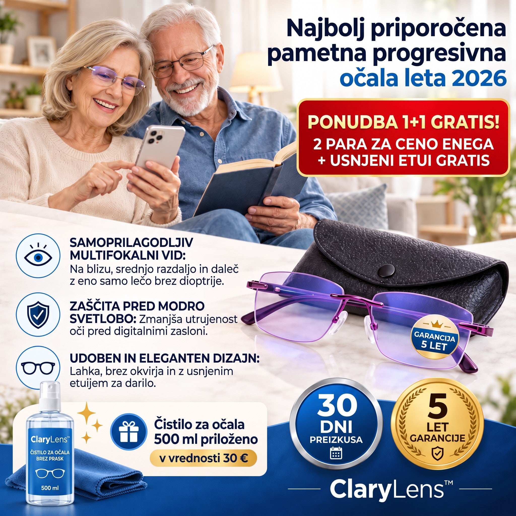 Očala ClaryLens 1+1 GRATIS z usnjenim etuijem in čistilom