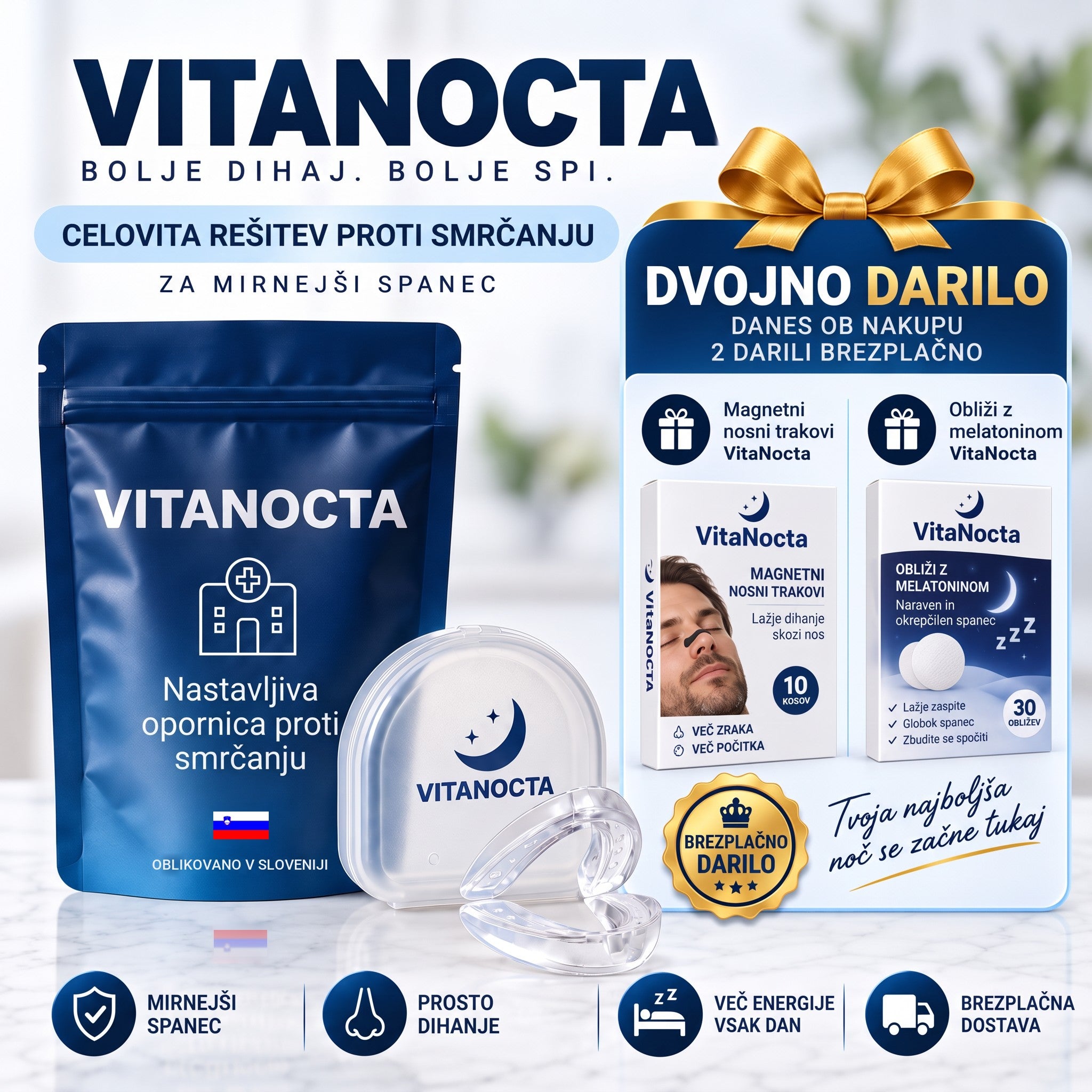Opornica proti smrčanju VitaNocta z dvojnim darilom
